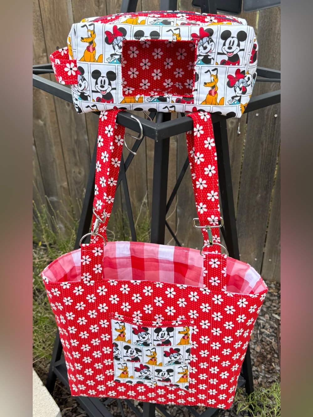 Handmade Quilted Mickey Mouse Stroller Tote with matching Diaper and Wipe Pouch